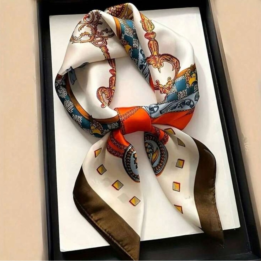 Silk-Feel Printed Neck Scarf in White, Orange & Brown